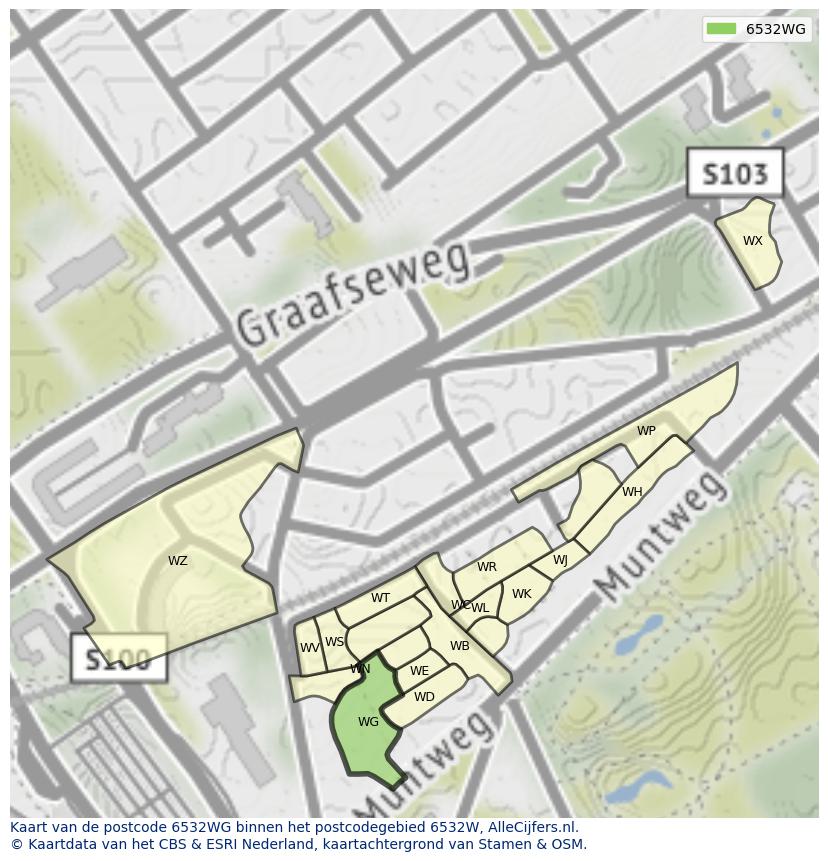 Afbeelding van het postcodegebied 6532 WG op de kaart.