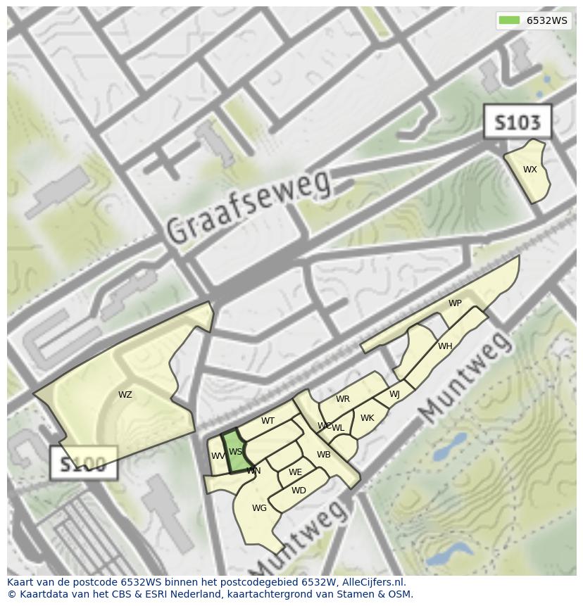 Afbeelding van het postcodegebied 6532 WS op de kaart.