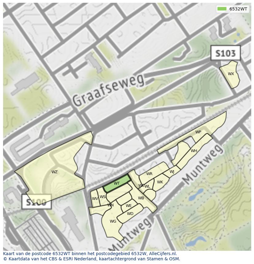 Afbeelding van het postcodegebied 6532 WT op de kaart.