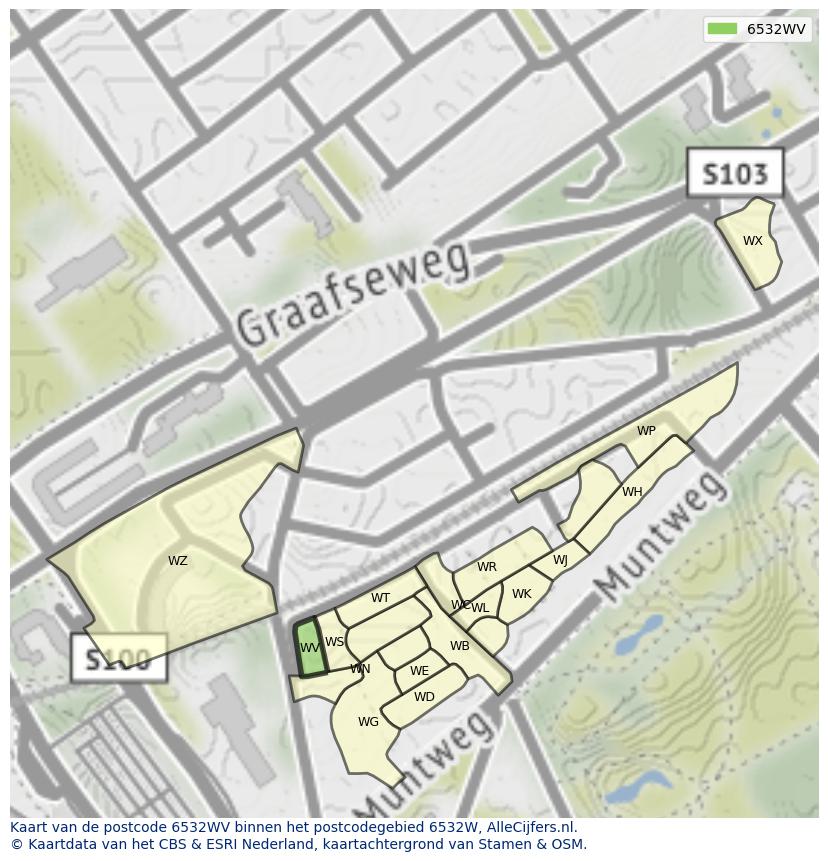 Afbeelding van het postcodegebied 6532 WV op de kaart.