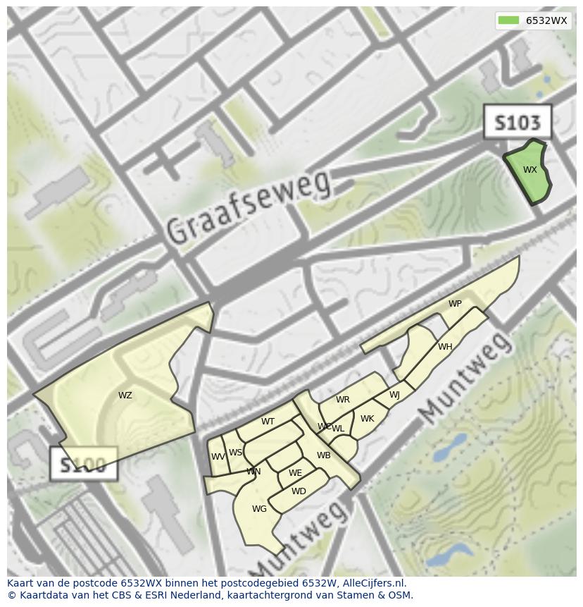 Afbeelding van het postcodegebied 6532 WX op de kaart.