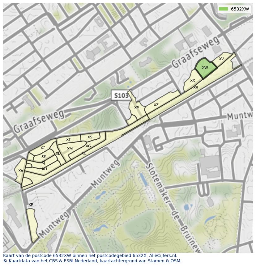 Afbeelding van het postcodegebied 6532 XW op de kaart.