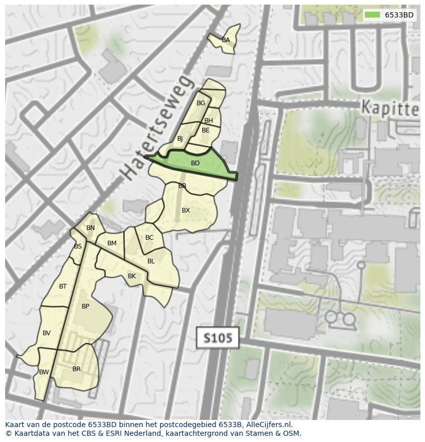 Afbeelding van het postcodegebied 6533 BD op de kaart.