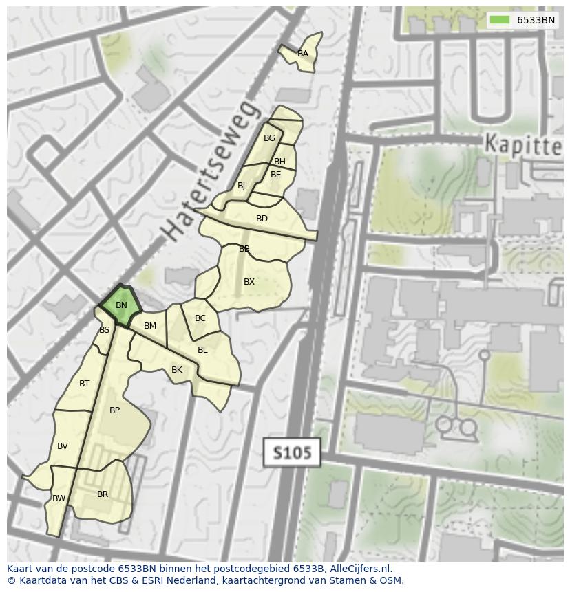 Afbeelding van het postcodegebied 6533 BN op de kaart.