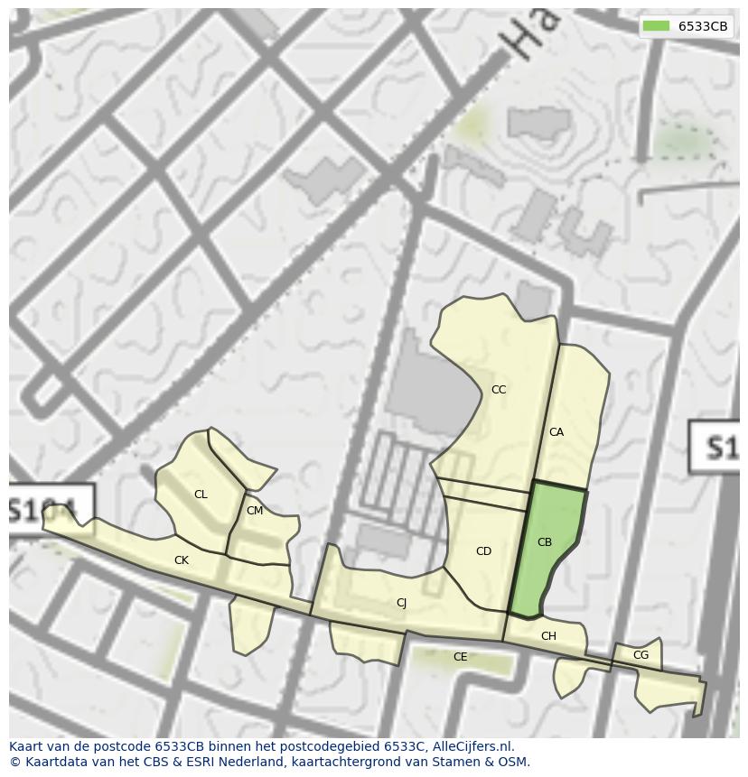 Afbeelding van het postcodegebied 6533 CB op de kaart.
