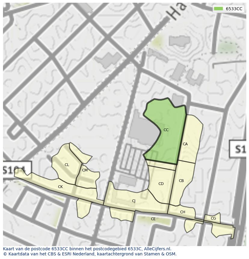 Afbeelding van het postcodegebied 6533 CC op de kaart.