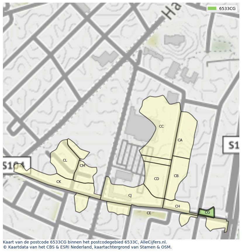 Afbeelding van het postcodegebied 6533 CG op de kaart.