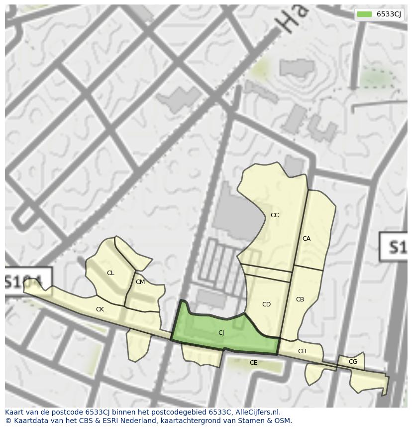 Afbeelding van het postcodegebied 6533 CJ op de kaart.