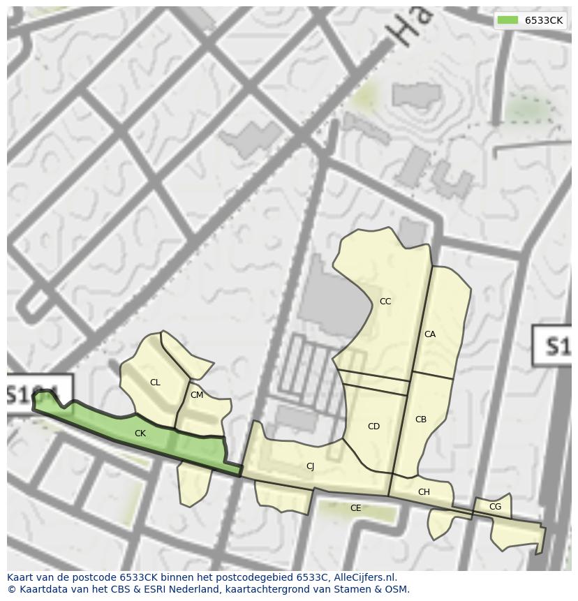 Afbeelding van het postcodegebied 6533 CK op de kaart.