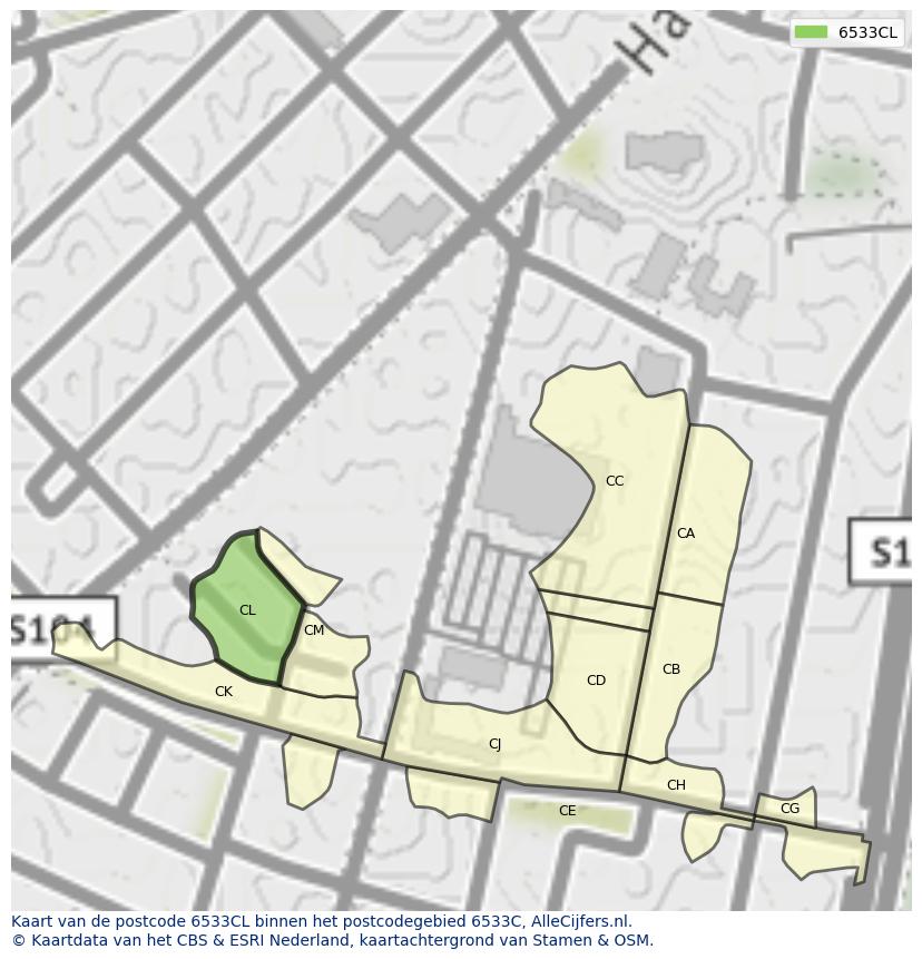 Afbeelding van het postcodegebied 6533 CL op de kaart.