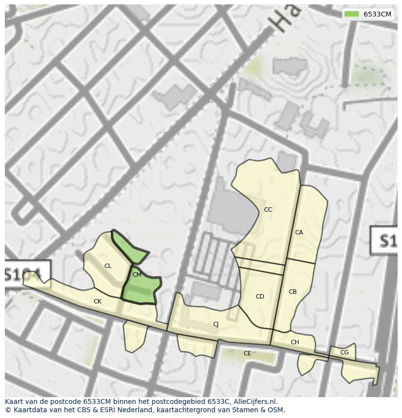 Afbeelding van het postcodegebied 6533 CM op de kaart.