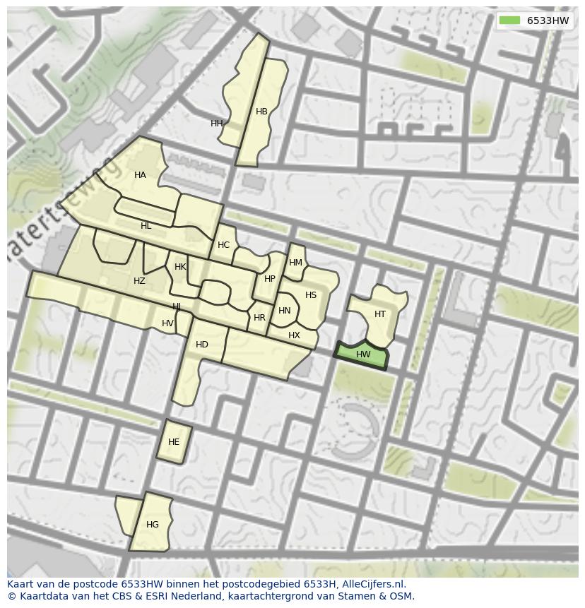 Afbeelding van het postcodegebied 6533 HW op de kaart.