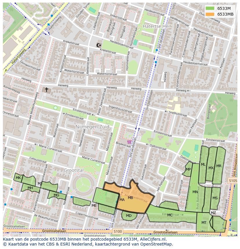 Afbeelding van het postcodegebied 6533 MB op de kaart.