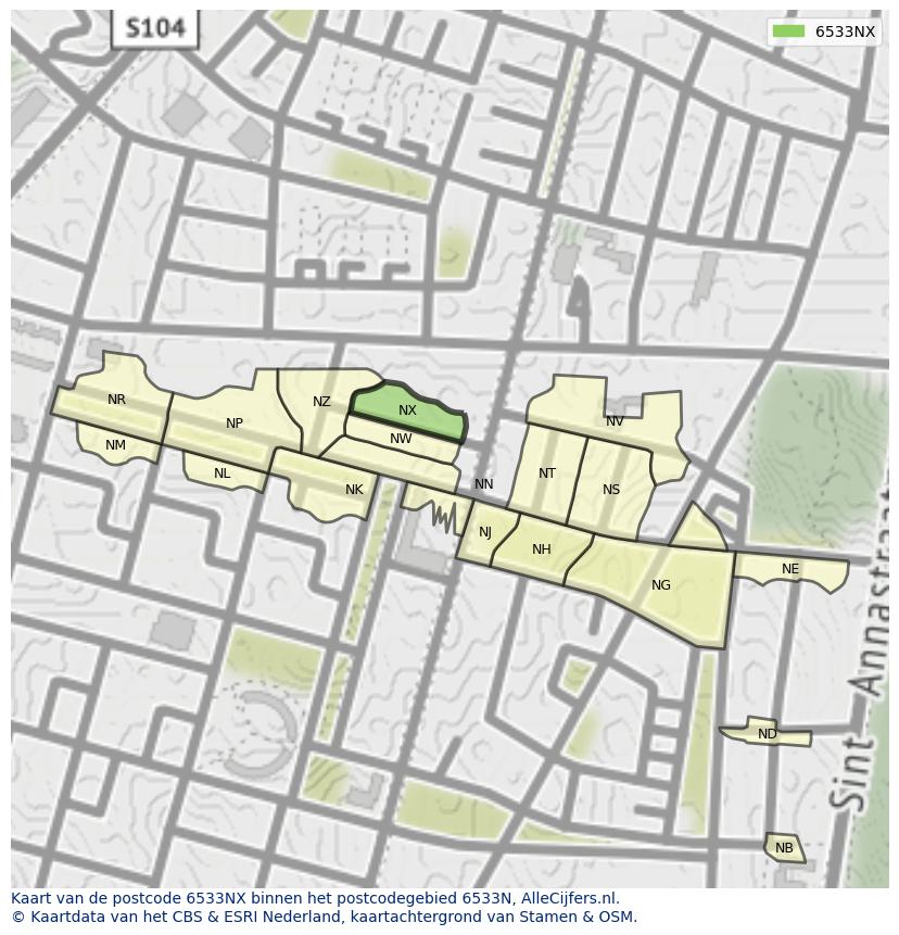 Afbeelding van het postcodegebied 6533 NX op de kaart.