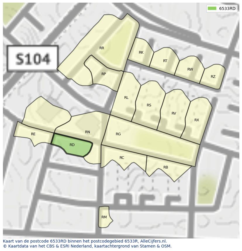 Afbeelding van het postcodegebied 6533 RD op de kaart.