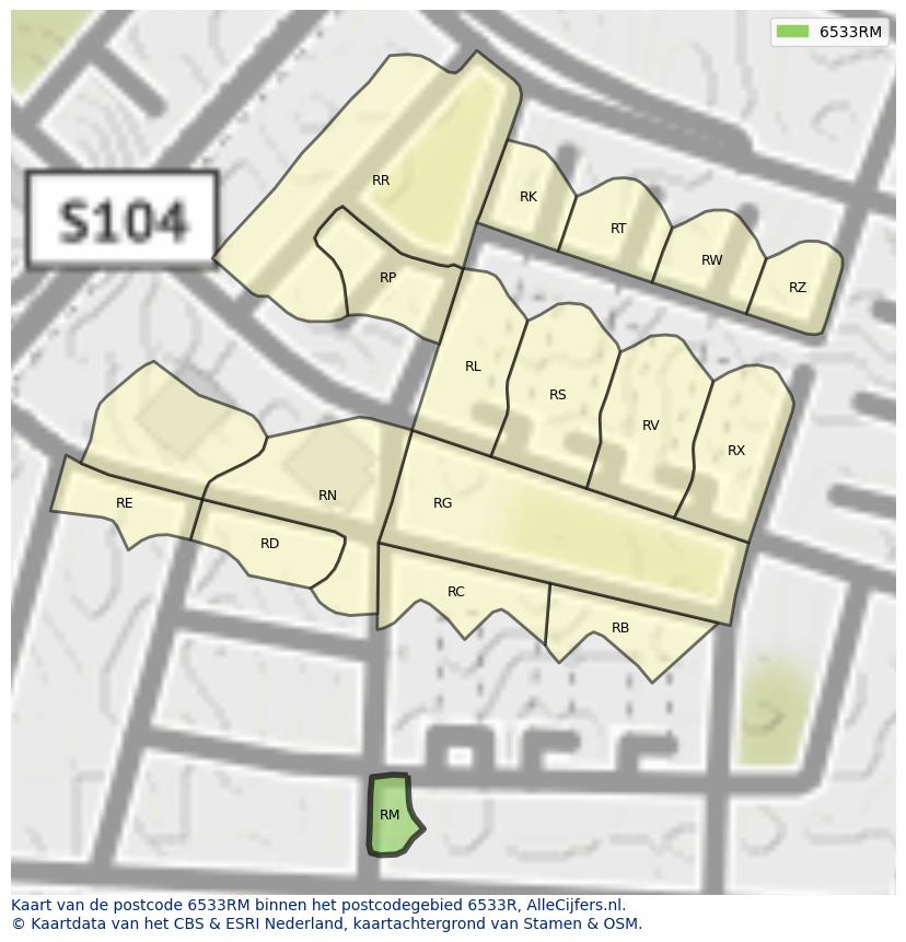 Afbeelding van het postcodegebied 6533 RM op de kaart.