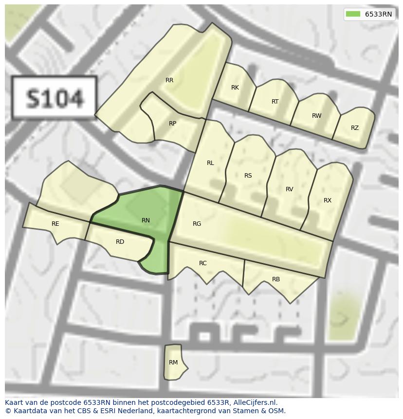 Afbeelding van het postcodegebied 6533 RN op de kaart.