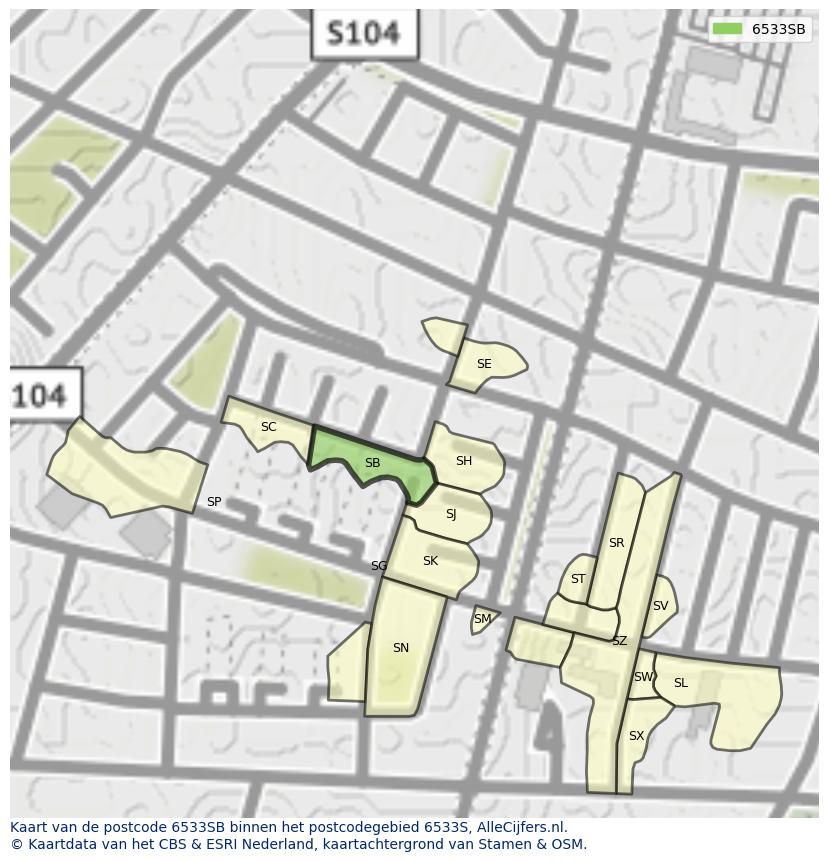 Afbeelding van het postcodegebied 6533 SB op de kaart.