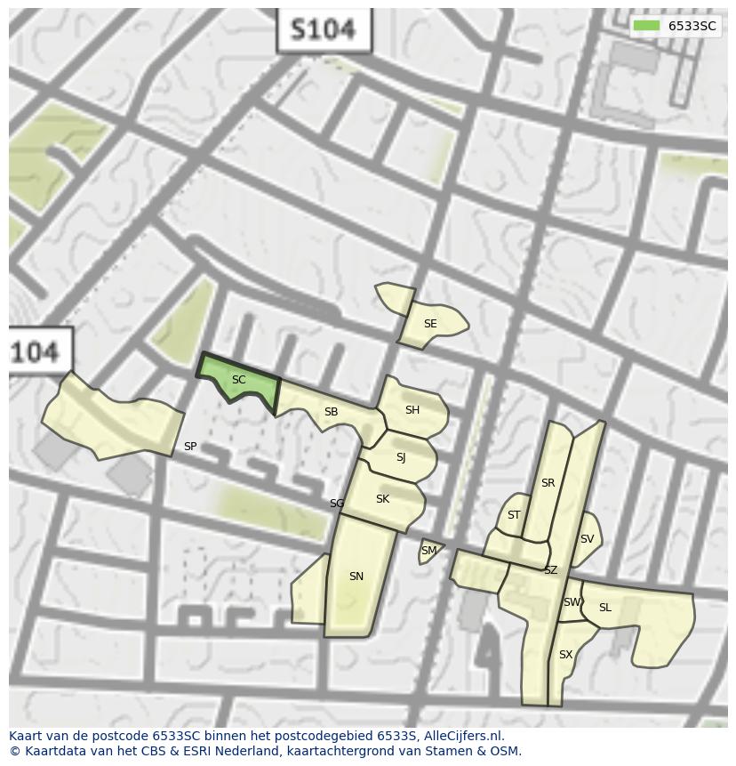 Afbeelding van het postcodegebied 6533 SC op de kaart.