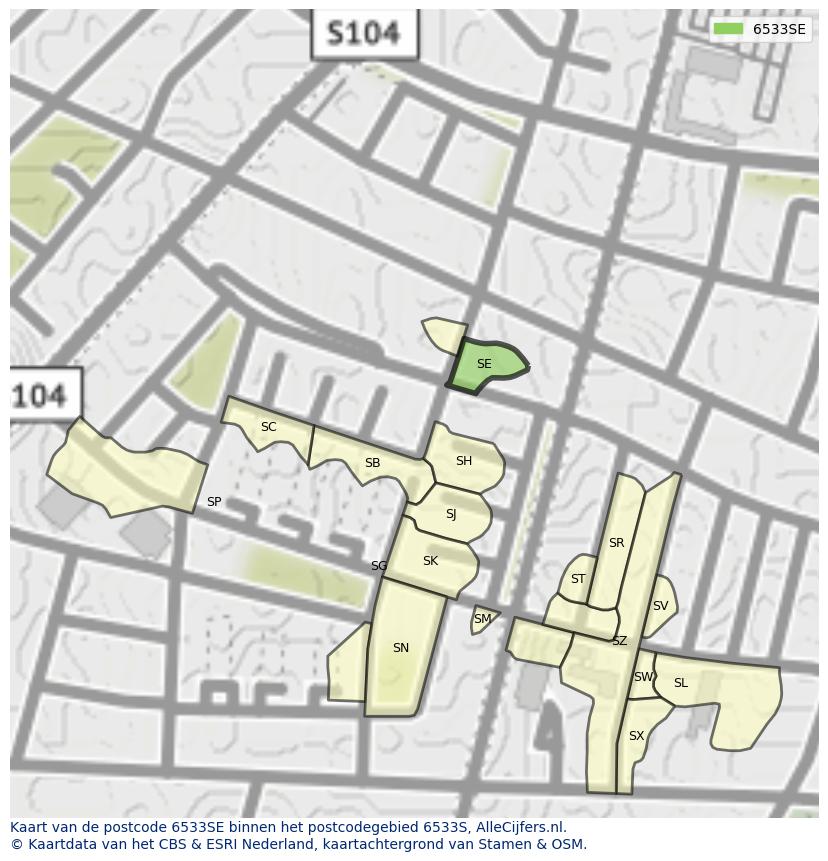 Afbeelding van het postcodegebied 6533 SE op de kaart.