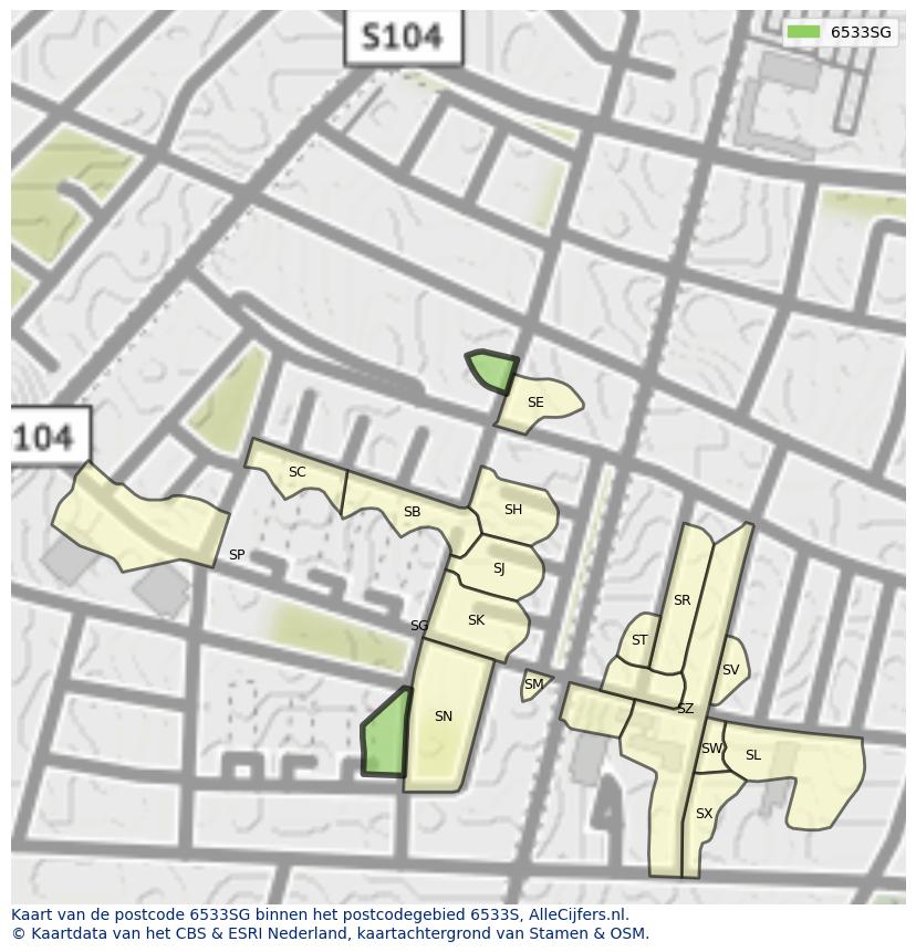 Afbeelding van het postcodegebied 6533 SG op de kaart.