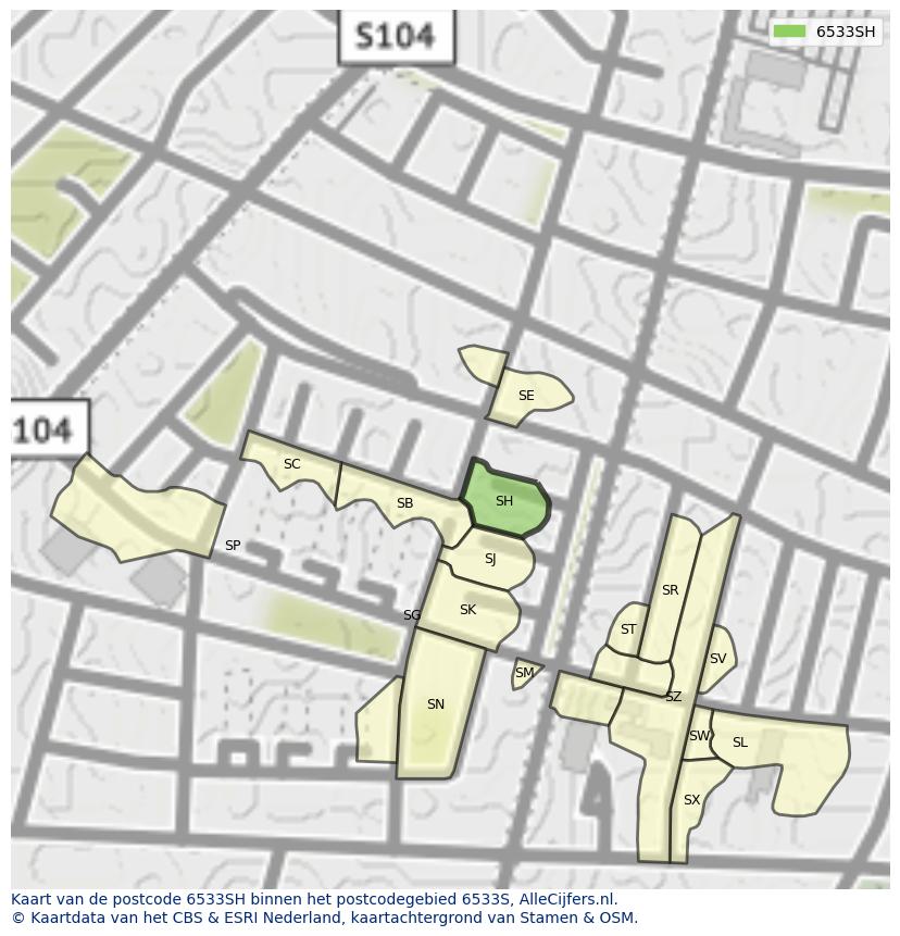 Afbeelding van het postcodegebied 6533 SH op de kaart.