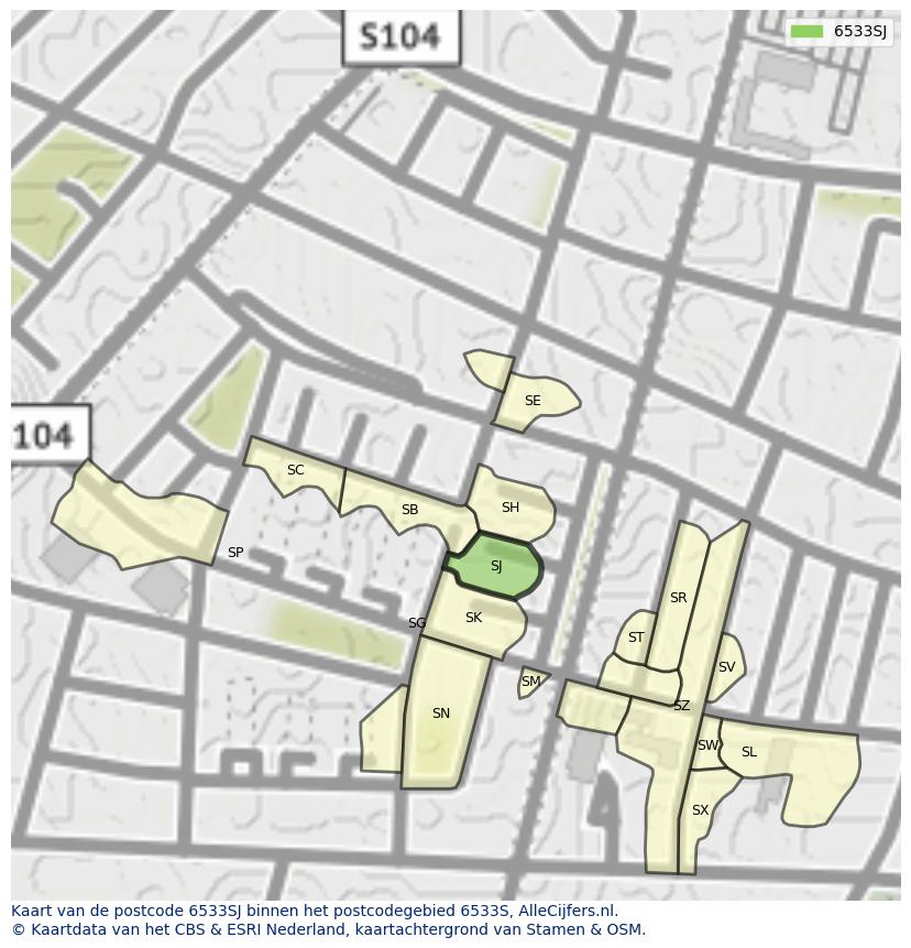 Afbeelding van het postcodegebied 6533 SJ op de kaart.
