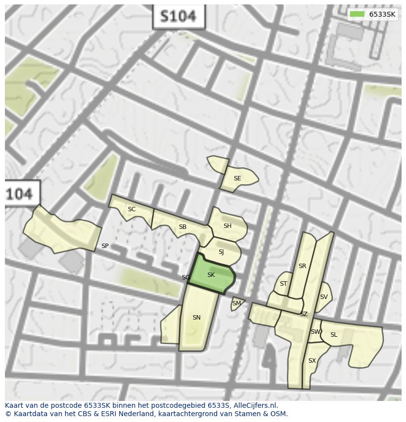 Afbeelding van het postcodegebied 6533 SK op de kaart.