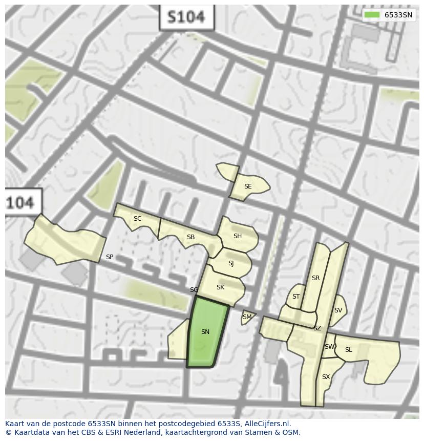 Afbeelding van het postcodegebied 6533 SN op de kaart.