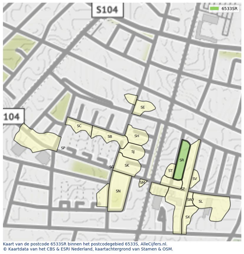 Afbeelding van het postcodegebied 6533 SR op de kaart.