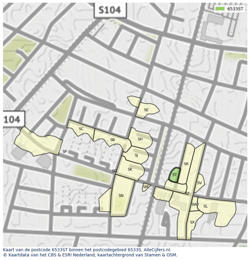Afbeelding van het postcodegebied 6533 ST op de kaart.