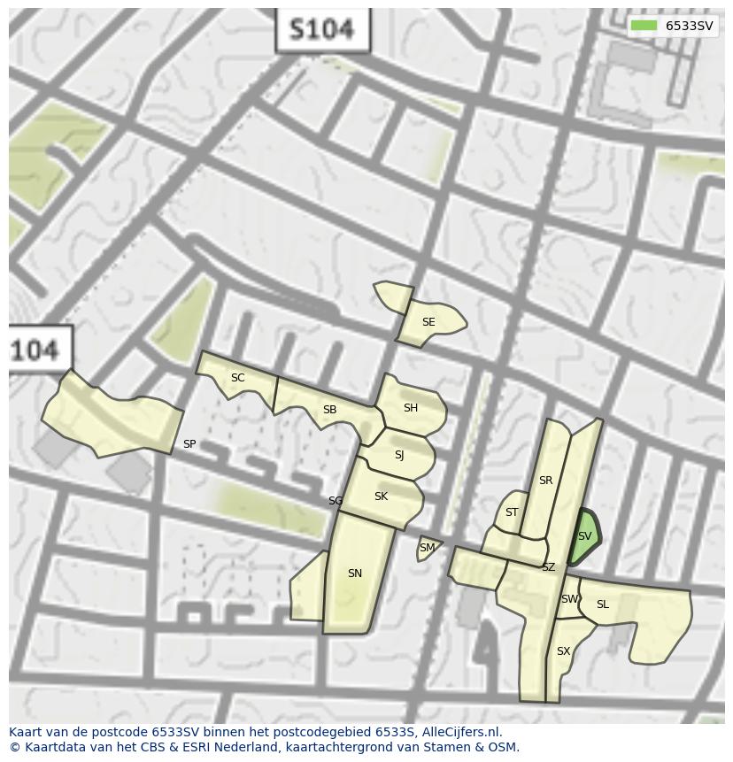 Afbeelding van het postcodegebied 6533 SV op de kaart.