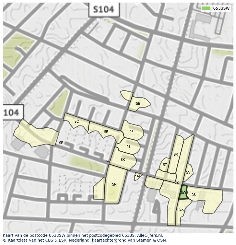 Afbeelding van het postcodegebied 6533 SW op de kaart.