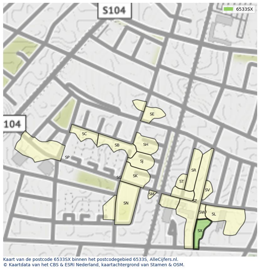 Afbeelding van het postcodegebied 6533 SX op de kaart.