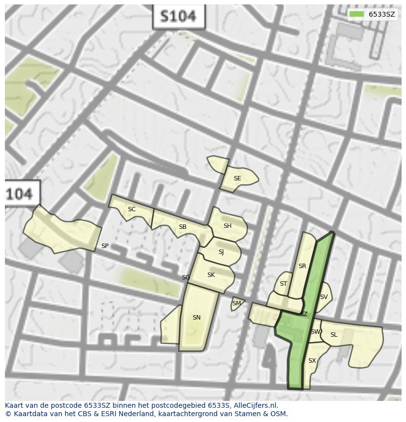 Afbeelding van het postcodegebied 6533 SZ op de kaart.