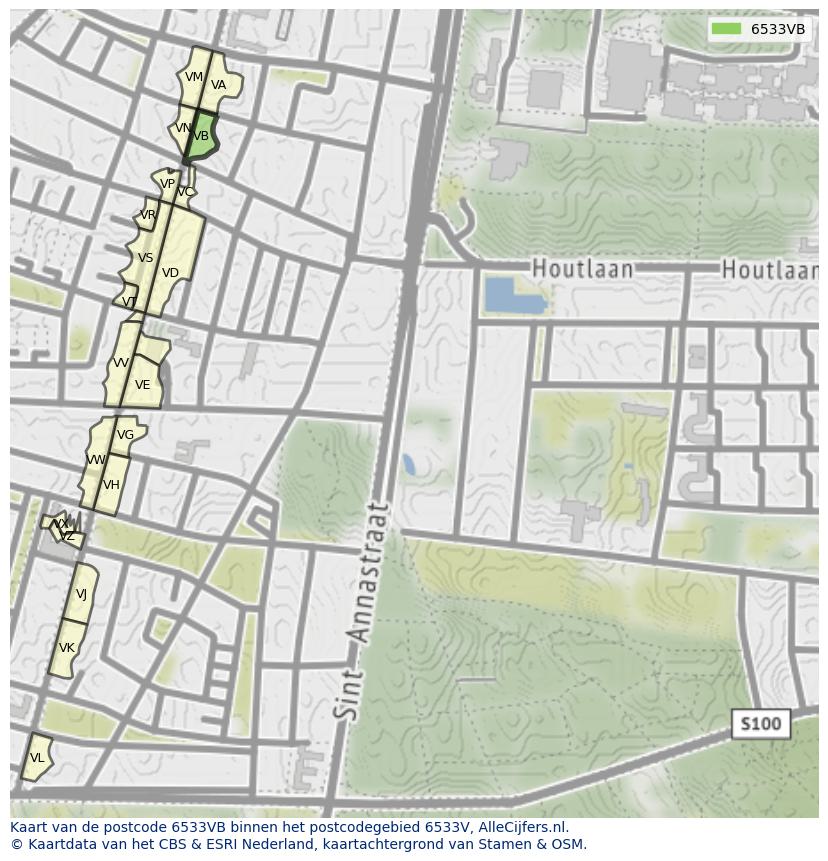Afbeelding van het postcodegebied 6533 VB op de kaart.