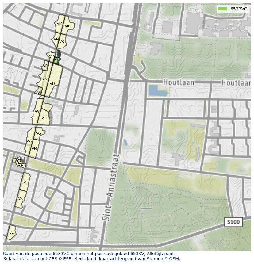 Afbeelding van het postcodegebied 6533 VC op de kaart.