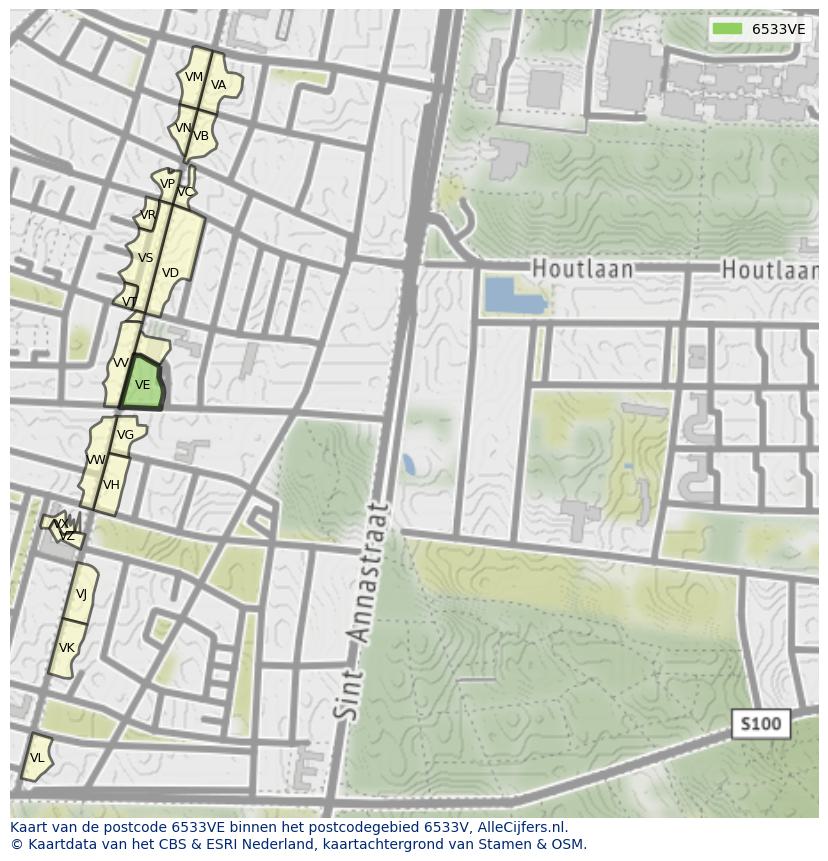 Afbeelding van het postcodegebied 6533 VE op de kaart.
