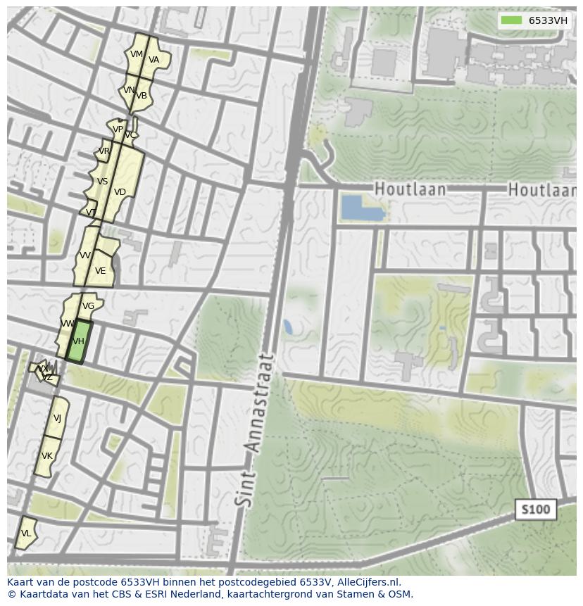 Afbeelding van het postcodegebied 6533 VH op de kaart.