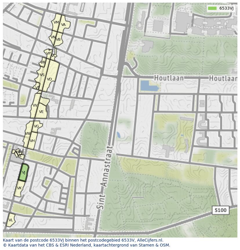 Afbeelding van het postcodegebied 6533 VJ op de kaart.