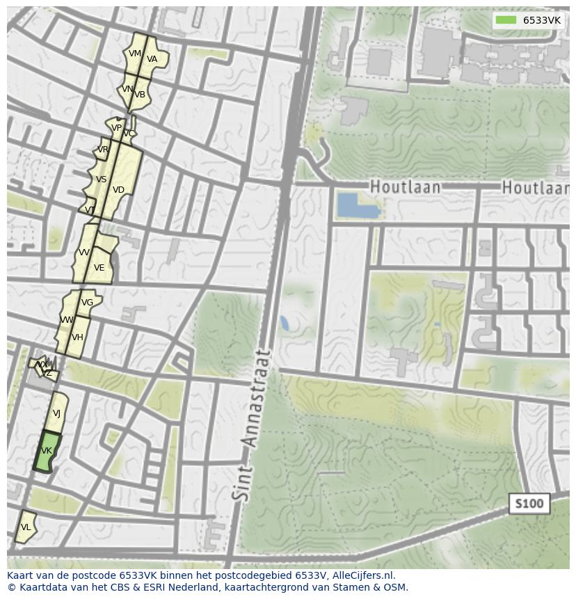 Afbeelding van het postcodegebied 6533 VK op de kaart.