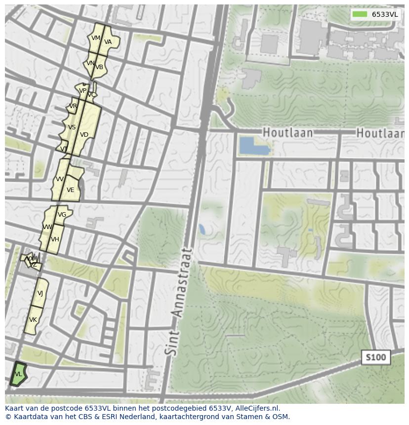 Afbeelding van het postcodegebied 6533 VL op de kaart.
