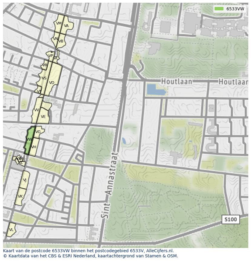 Afbeelding van het postcodegebied 6533 VW op de kaart.