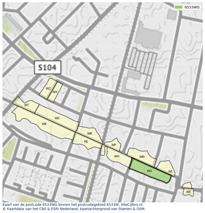 Afbeelding van het postcodegebied 6533 WG op de kaart.