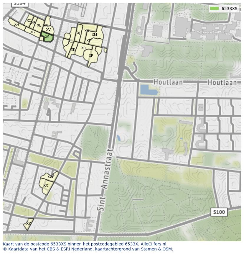 Afbeelding van het postcodegebied 6533 XS op de kaart.