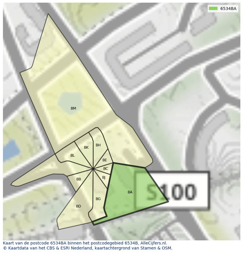 Afbeelding van het postcodegebied 6534 BA op de kaart.