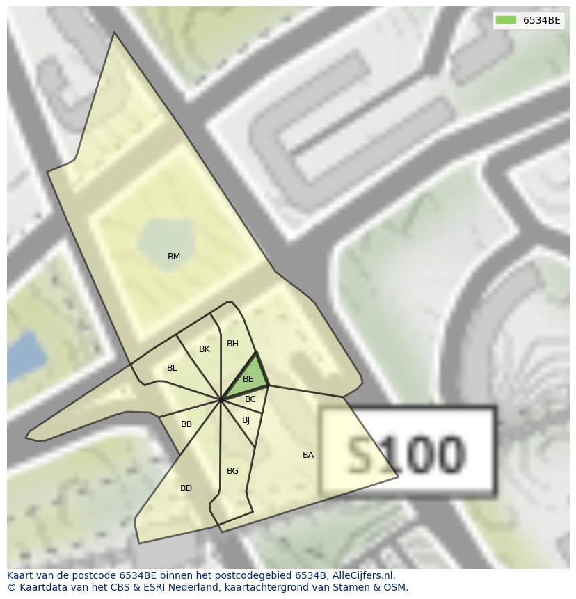 Afbeelding van het postcodegebied 6534 BE op de kaart.