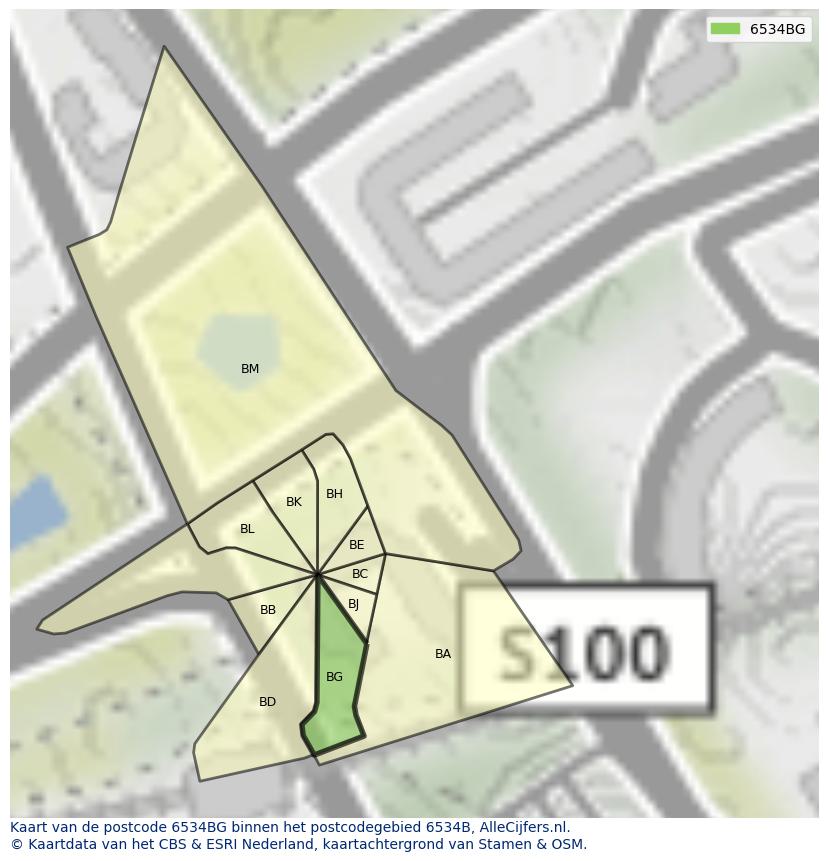 Afbeelding van het postcodegebied 6534 BG op de kaart.