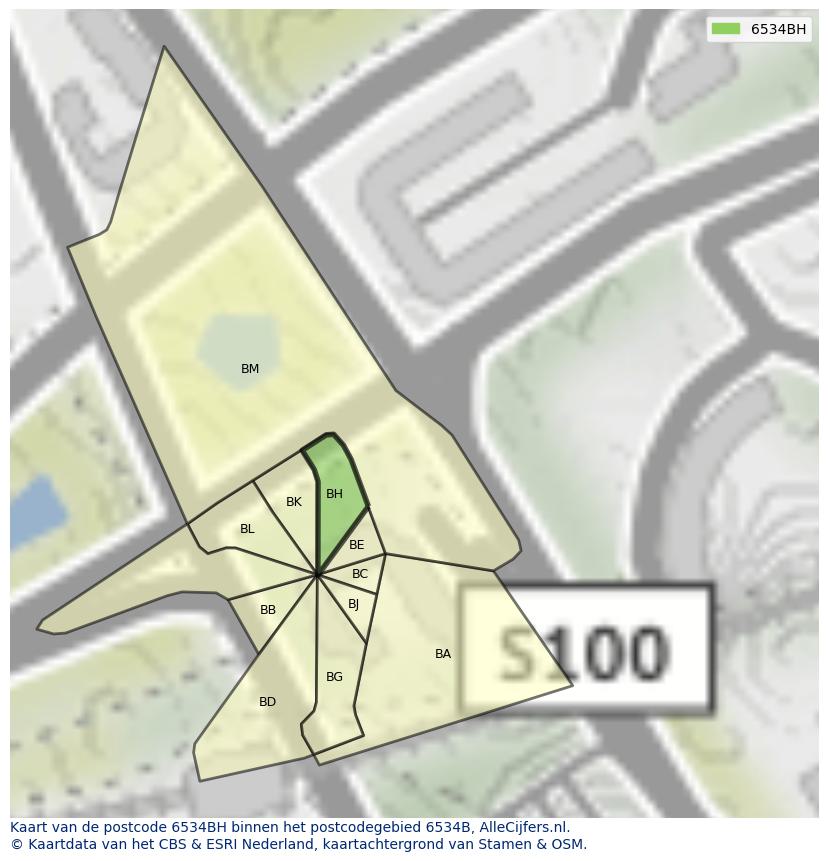 Afbeelding van het postcodegebied 6534 BH op de kaart.