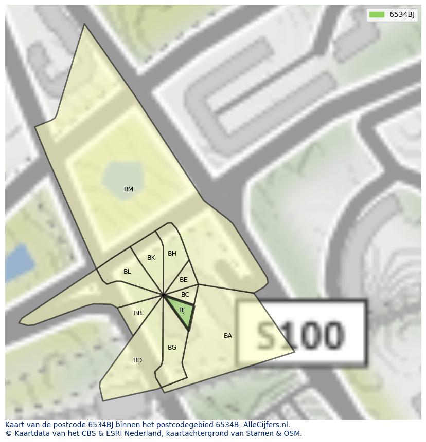 Afbeelding van het postcodegebied 6534 BJ op de kaart.